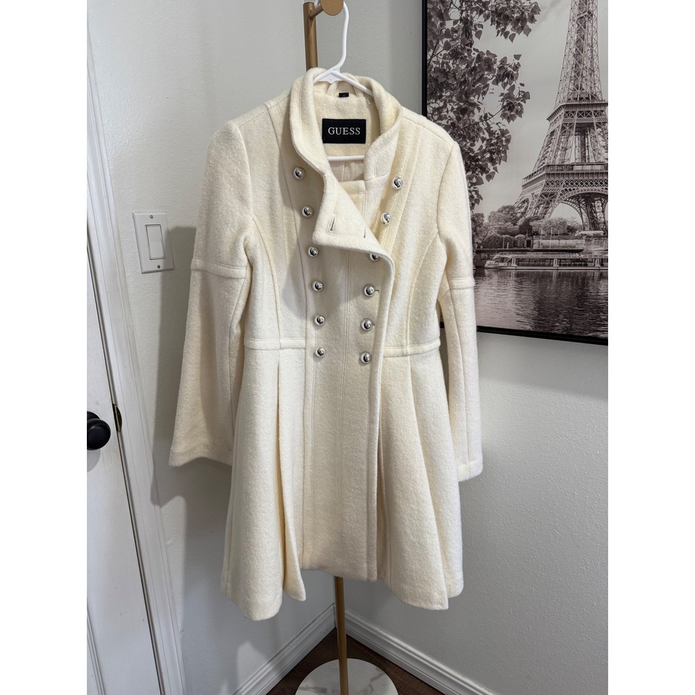 Guess Cream Double Breasted Wool Blend Military Style‎ Coat M
